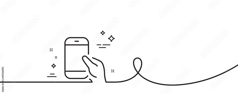 Poster hold smartphone icon. continuous one line with curl. give cellphone or phone sign. communication mob
