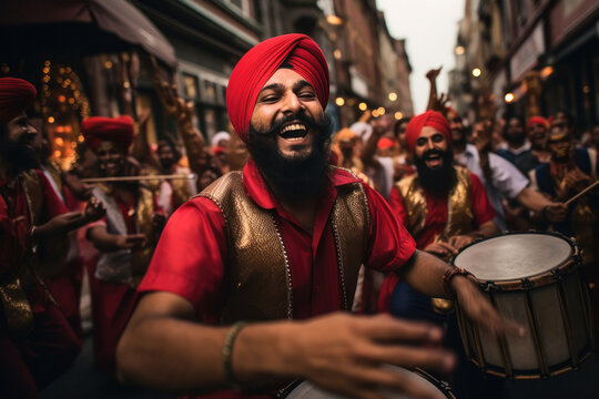 Sikh religious people celebrating traditional festival lohri, dancing