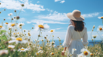 Serene woman in a flower field, basking in the summer sun with a backdrop of blue skies and white clouds