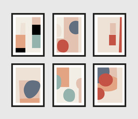 A set of six abstract posters. Circles, lines and simple shapes. Modern trendy vector illustrations. Each background is isolated