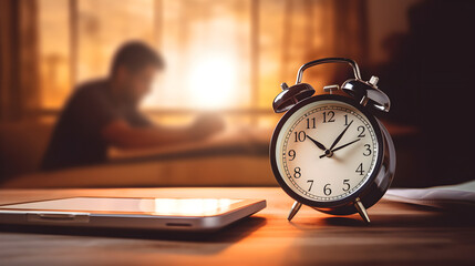 The concept of deadline. Alarm clock on employee background	