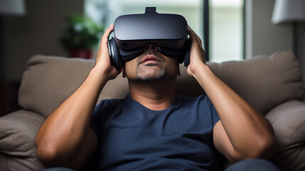 American man wearing virtual reality goggles