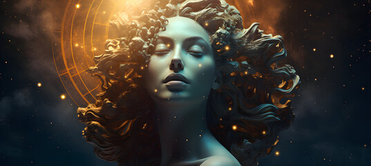 Woman head of statue on universe background