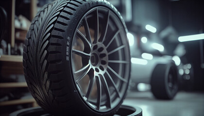 wheel of the car, Close up on a tire at repairing service center, vulcanization, tire change or...