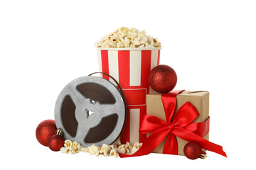 PNG, Popcorn in paper cup, reel and gift box, isolated on white background