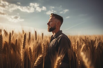 Farmer standing in wheat field. Agriculture man among golden cereal crops farmland. Generate ai