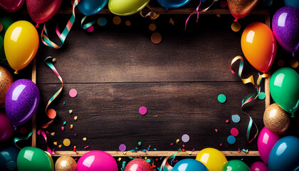 Frame with balloons, Colorful carnival or party frame of balloons, streamers and confetti on rustic wooden board background, Ai generated image - obrazy, fototapety, plakaty