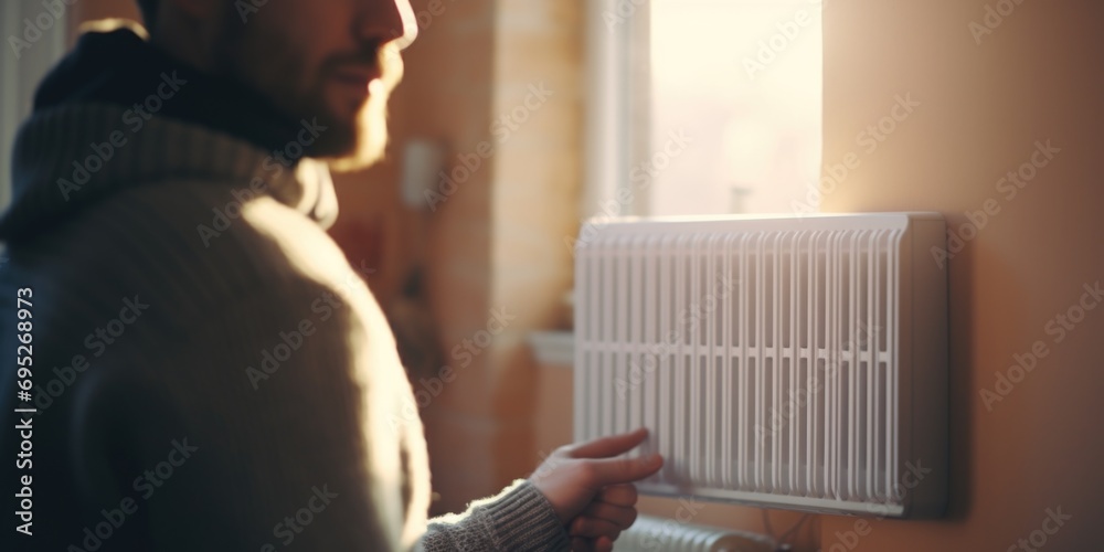 Poster A man is adjusting the heater on a wall. This image can be used to illustrate home maintenance or temperature control concepts