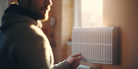 A man is adjusting the heater on a wall. This image can be used to illustrate home maintenance or temperature control concepts - obrazy, fototapety, plakaty
