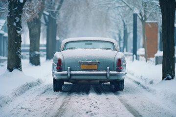 Car on winter snowy street. Back view.