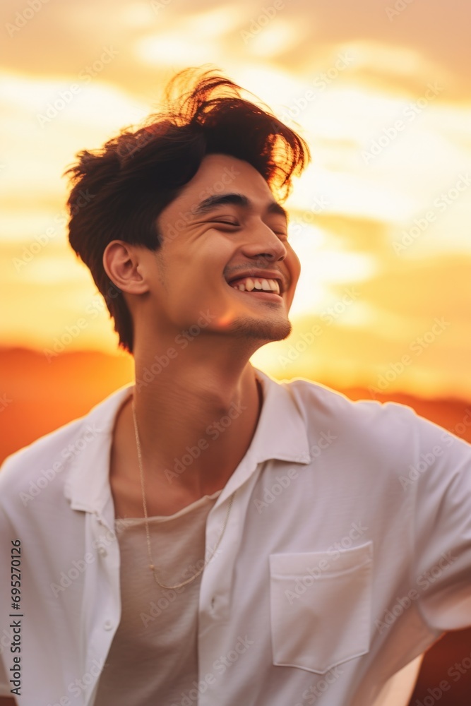 Poster a young man with a smile on his face as the sun sets in the background. ideal for portraying happine
