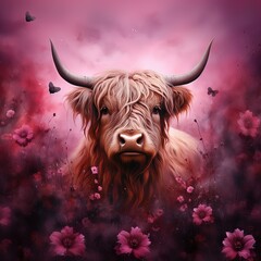 Highland cow in love. Illustration for the Valentines day