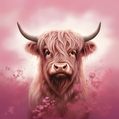 Highland cow in love. Illustration for the Valentines day