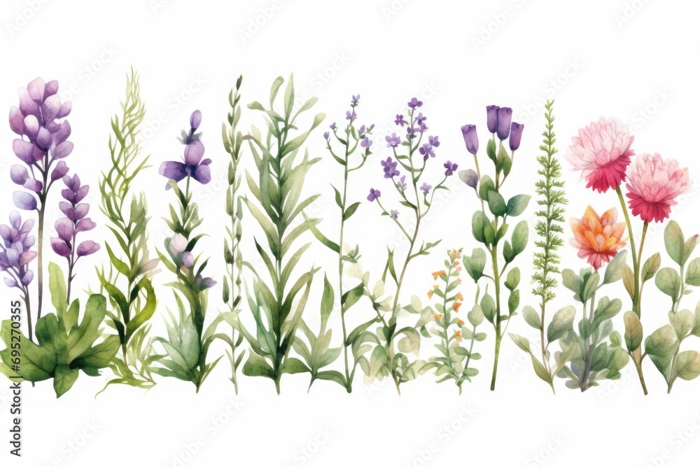 Poster A row of colorful flowers painted in watercolor on a clean white background. This versatile image can be used for various design projects