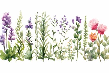 Fototapeta na wymiar A row of colorful flowers painted in watercolor on a clean white background. This versatile image can be used for various design projects