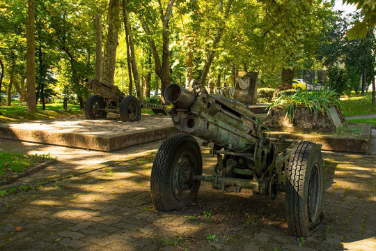 Cannons on display in a park  in central Bihac in Una-Sana Canton, Federation of Bosnia and Herzegovina. War time relics