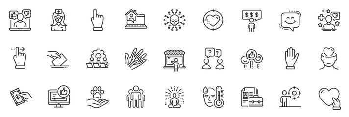 Icons pack as Vacancy, Touchscreen gesture and Nurse line icons for app include Hand, Heart target, Market seller outline thin icon web set. Like video, Yoga, Pets care pictogram. Vector