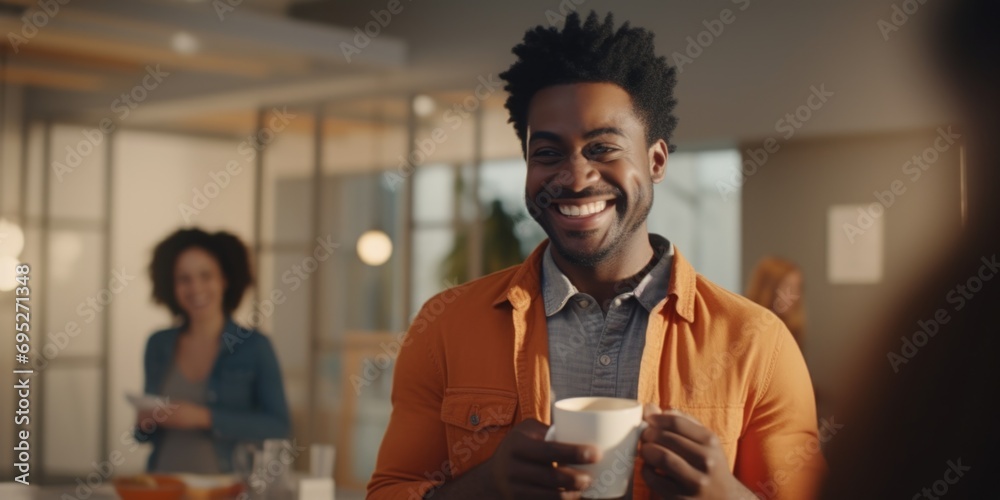 Poster a man with a smile on his face holding a cup of coffee. suitable for various uses