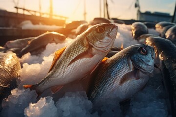 A group of fish sitting on top of a pile of ice. Perfect for winter or seafood related designs - obrazy, fototapety, plakaty