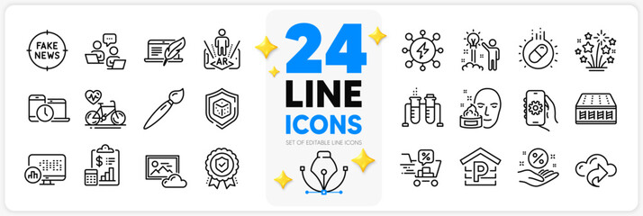 Icons set of Photo cloud, Time management and App settings line icons pack for app with Fireworks stars, Parking, Discounts cart thin outline icon. Dice, Face cream, Cloud share pictogram. Vector