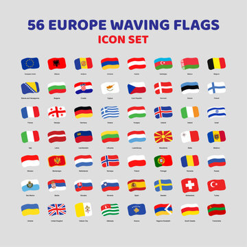 Europe national waving flags. Official Europe country signs with names, and countries' flag banners. Cute Style Vector Illustration.