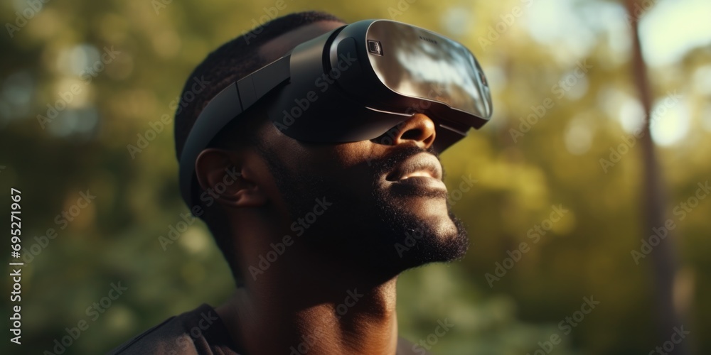 Poster a man is pictured wearing a virtual reality headset in a park. this image can be used to depict the 