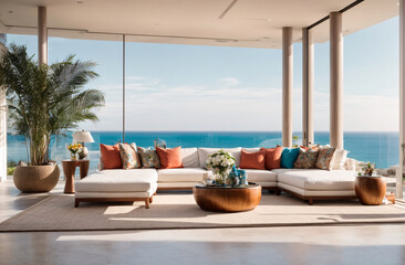 Fototapeta premium Luxury villa with terrace and floor-to-ceiling panoramic window with an amazing sea view. Interior design of modern living room