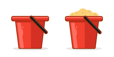 Vector illustration of a set of buckets filled with sand and the other empty, designed in a flat cartoon style. Red bucket icon isolated on white background.