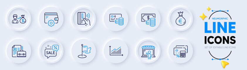 Milestone, Market seller and Vacancy line icons for web app. Pack of Discounts bubble, Money bag, Graph pictogram icons. Salary, Coins banknote, Contactless payment signs. Wallet, Card. Vector