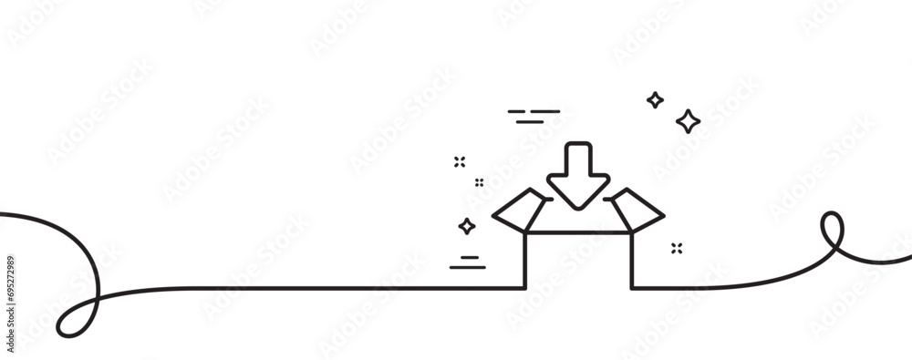 Poster get box line icon. continuous one line with curl. open delivery parcel sign. cargo package symbol. g