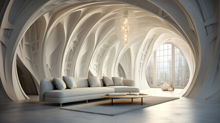 Interior design in white. Living room in white marble. Comfortable seating area. Modern architecture. 4K wallpaper background image in 16:9 aspect ratio. Futuristic living room. Curved walls