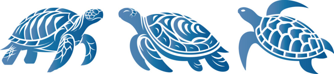 turtle vector art, marine life illustration. for logos, prints, eco-friendly campaigns. underwater wildlife beauty. Three turtles, different poses, intricate shell patterns, monochromatic blue shades