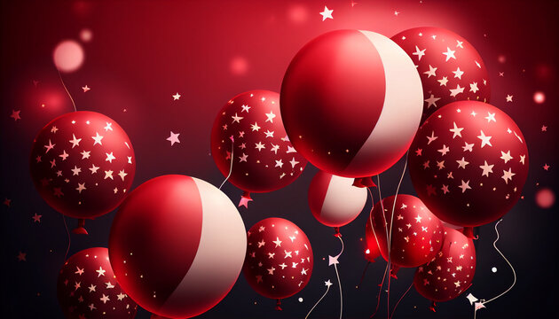 red and white balloons, Party balloons on red background with stars, Ai generated image