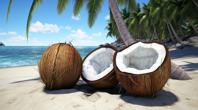 coconuts on the beach with a place for milk or cream. generative ai