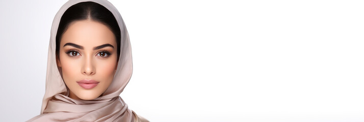 Portrait of an Arab girl with makeup on a light background, banner