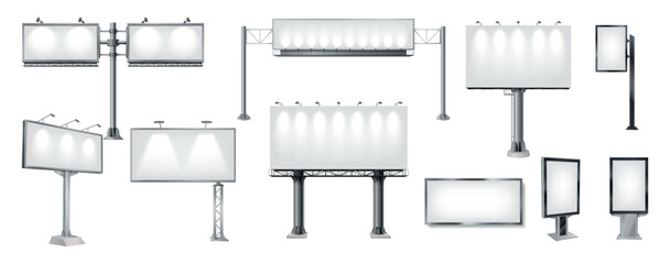 Billboard mockups realistic vector illustration set. Different advertising templates 3d objects isolated on white background. Outdoor promo