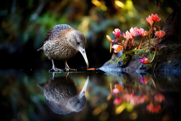 A kiwi bird, small and fascinating, strolls through the lush New Zealand forest - obrazy, fototapety, plakaty