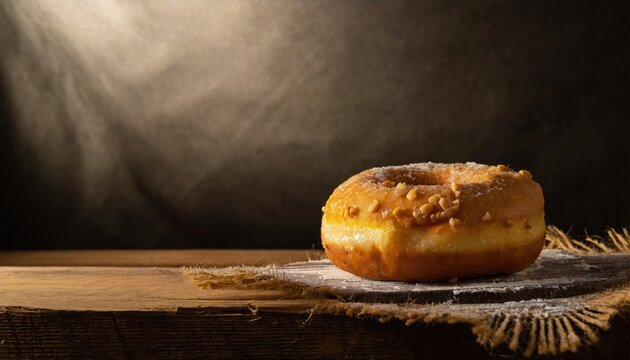 Copy Space image of Donuts with powdered sugar on wooden table on black background