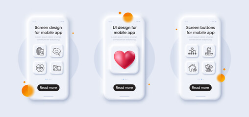 Restructuring, Time management and Loan house line icons pack. 3d phone mockups with heart. Glass smartphone screen. Swipe up, Smile chat, Building web icon. Winner podium, Inspect pictogram. Vector