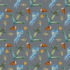 Obraz premium Seamless pattern with marine life and anchors