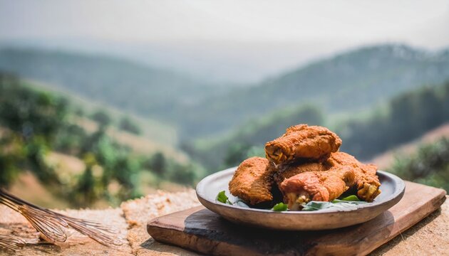 Copy Space image of Fried and Crispy Chicken Gizzards on a Rustic Wooden Table with landscape view background.