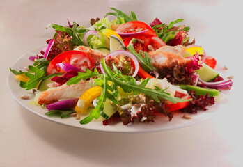 Mittagssalat, gemischter Salat, Rucola, Tomaten, Paprika,