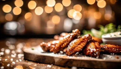  Copy Space image of Grilled chicken wings with sauces on a wooden board. Traditional baked bbq buffalo wing on bokeh background. © ImagineWorld