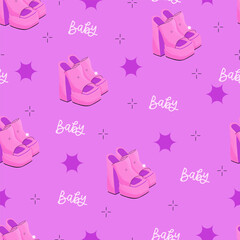 Y2K pink seamless pattern. Y2K trendy pattern with heels, pink background and text "Baby". Pink doll aesthetics. Vector seamless background.