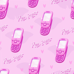 Y2K pink seamless pattern. Y2K trendy pattern with old mobile phone, pink background and text "Hey, sugar". Pink doll aesthetics. Vector seamless background.