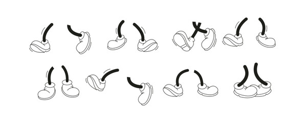 Cute vintage cartoon character legs linear vector icons set on white background. Mascot walking performance graphic constructor elements