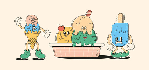 Cute ice cream characters in retro cartoon style vector illustration set. Cold dessert vintage animation art design. Kids cafe menu