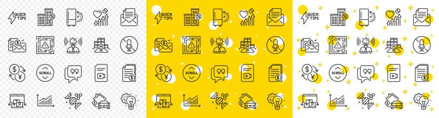 Outline Financial documents, Quote bubble and Inventory line icons pack for web with Currency exchange, Loan house, Idea gear line icon. No microphone, Maze attention. Vector