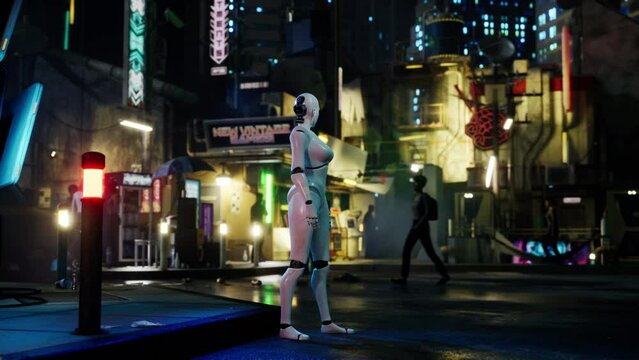 female robot walking along a street in a big city. humanoid AI robot crossing street. 3d render. future automation job.