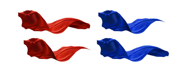 Waving superhero capes color vector realistic illustration set. Carnival masquerade dress 3d design on white background. Cartoon element © ApoevArt